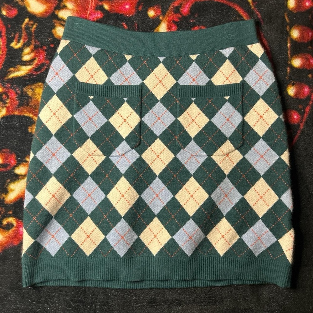 Free People checkered plaid knit skirt, turquoise cream & blue